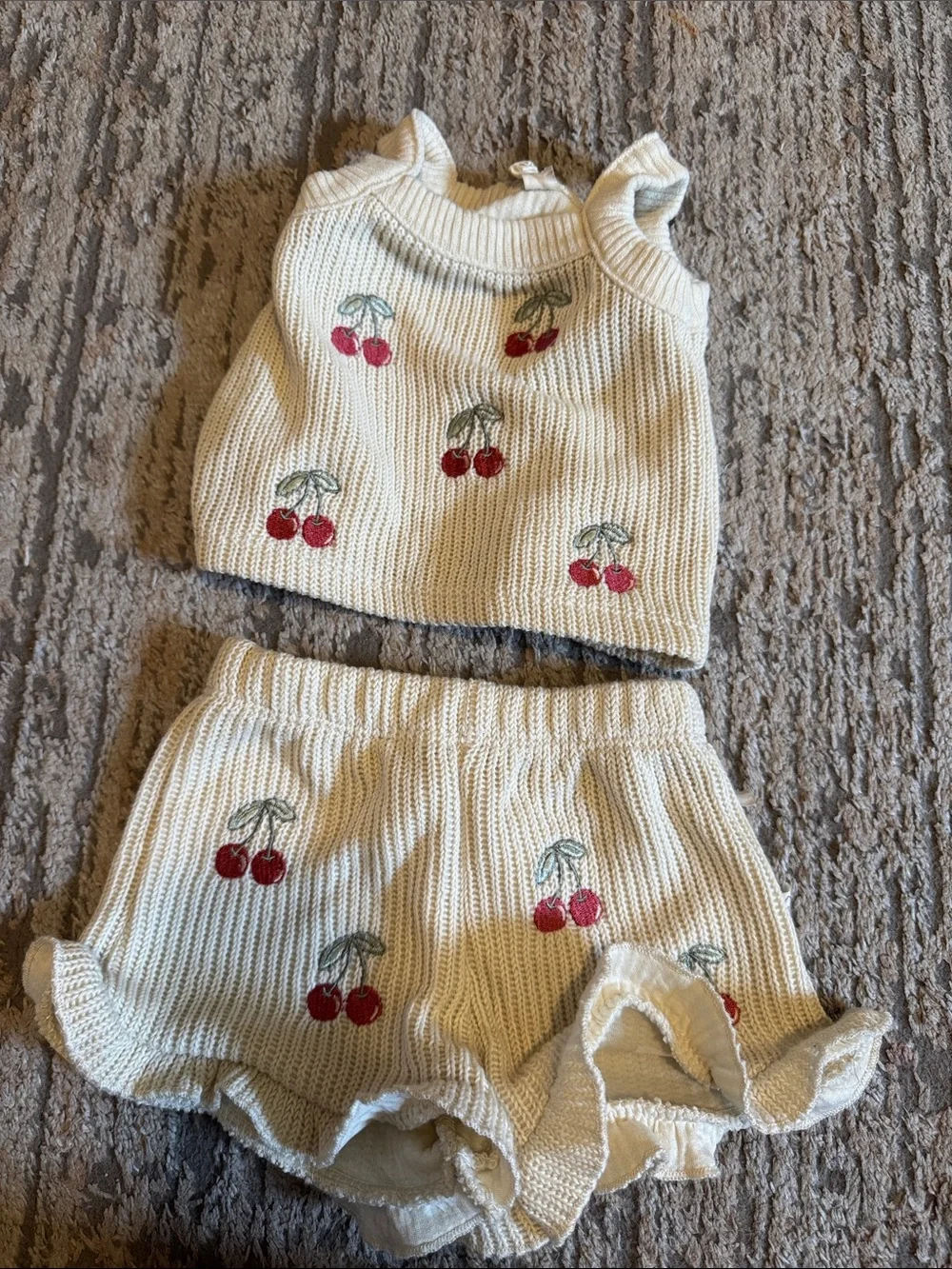 Cream Knit Cherry Tank and Ruffle Shorts Set - Kids 6-9 month